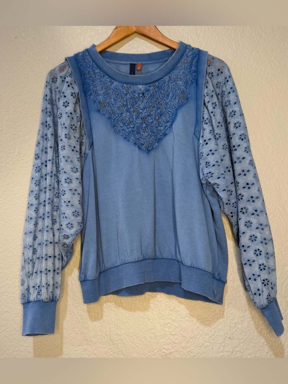 Anthropologie Pilcro Washed Light Blue Eyelet Sleeves Lace Pullover Sweatshirt